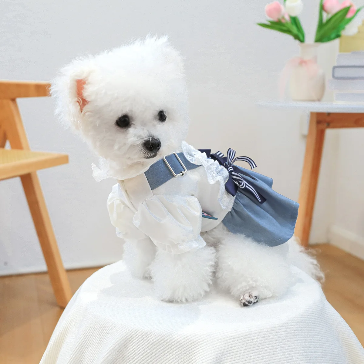 Falda con tirantes de vaquero para mascotas, conjunto de manga de capullo de flor para perros, ropa para gatos, falda de vaquero para primavera y otoño, ropa de Navidad para perros y cachorros - imagen 3