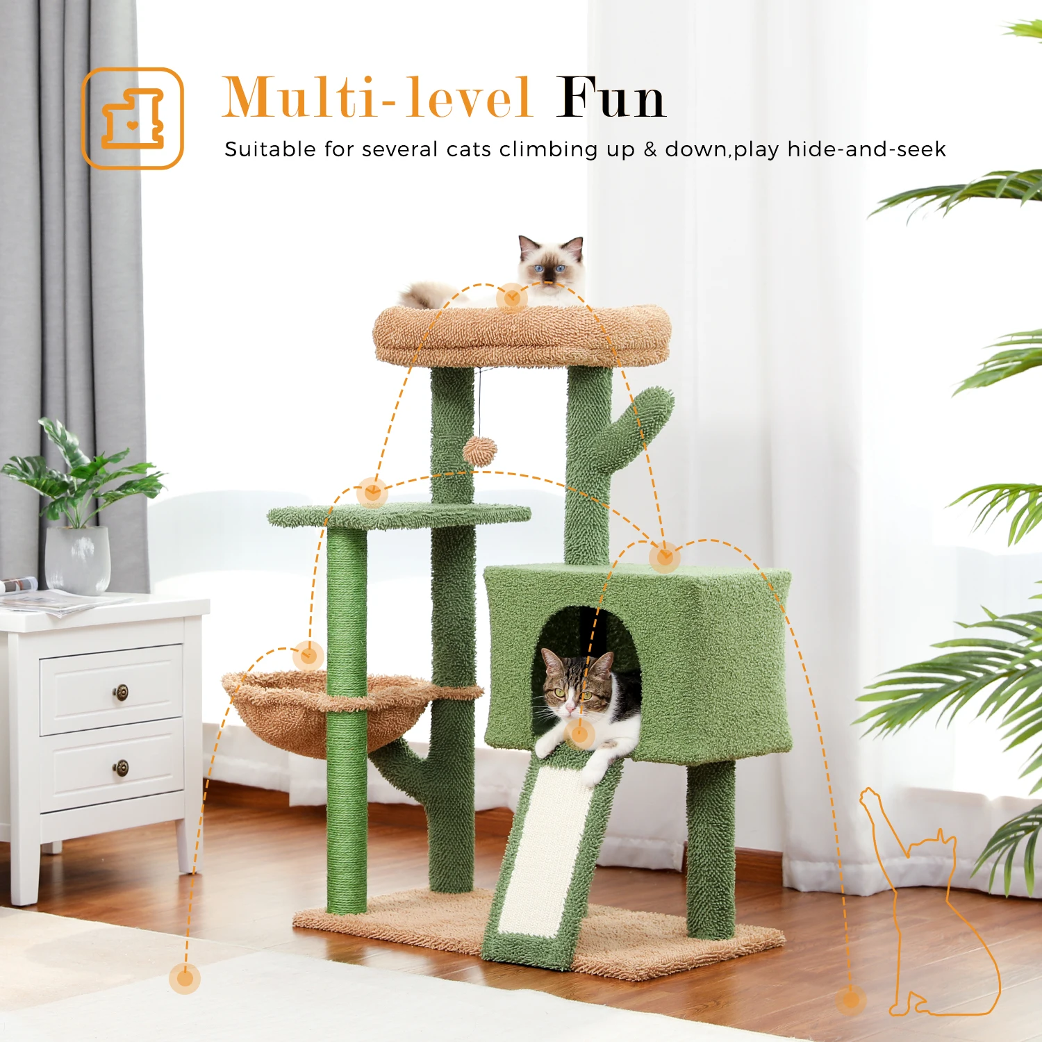 Torre de Cactus para gatos con poste de rascado cubierto de Sisal y condominio acogedor para gatos de interior, soporte de escalada para gatos con perca de felpa - imagen 2