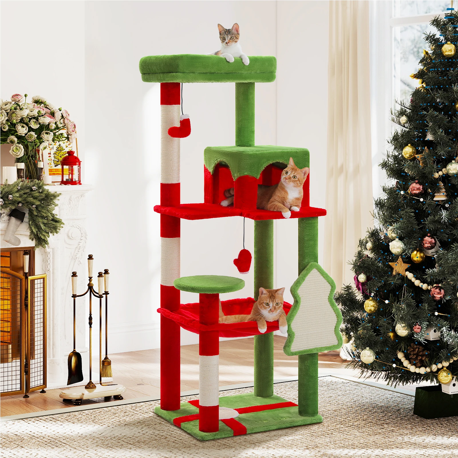 Torre para gatos funcional, árbol navideño para gatos rojo y verde con condominio acogedor, postes rascadores de sisal, muebles para gatos, accesorios para gatos, interior