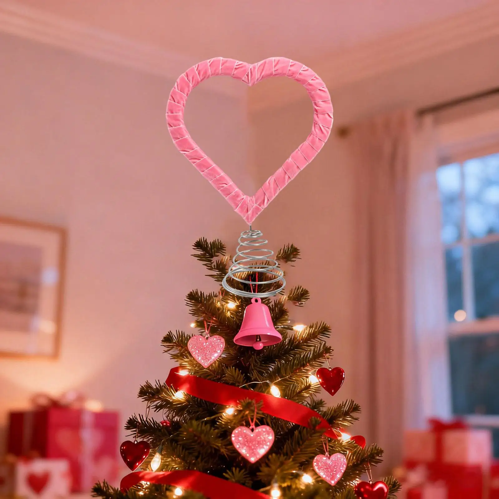 Adorno de árbol de San Valentín con corazón rosa de terciopelo tejido, adornos de hierro y madera, acento decorativo para Festival, boda, compromiso, Año Nuevo - imagen 3