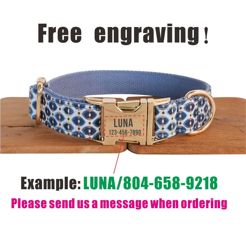 Collar de perro personalizado con grabado gratuito, correa para mascotas a juego, hebilla de Metal de contactos personalizados, Collar de plumas de pavo real azul - imagen 4