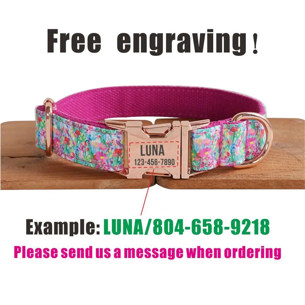 Personalized Dog Collar with Free Engraving, Matching Pet Leash,Customzied Contacts Metal Buckle, Painting Flowers Pet Collar - imagen 4