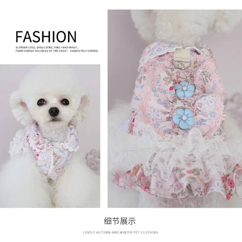 Ropa para perros, ropa de otoño e invierno, falda gruesa de princesa para gatos, abrigo de algodón con encaje Floral, suministros para mascotas para perros pequeños - imagen 5