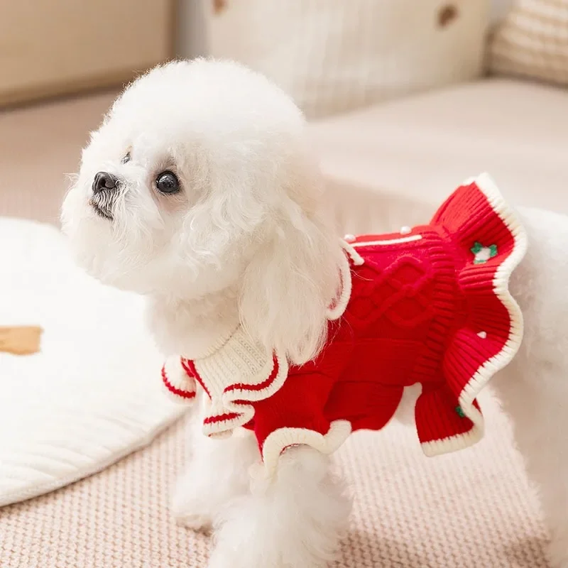 Ropa navideña de invierno para mascotas, falda, suéter cálido, jersey, suéter de princesa, ropa para perros, vestido de peluche de flores bordadas de punto - imagen 2