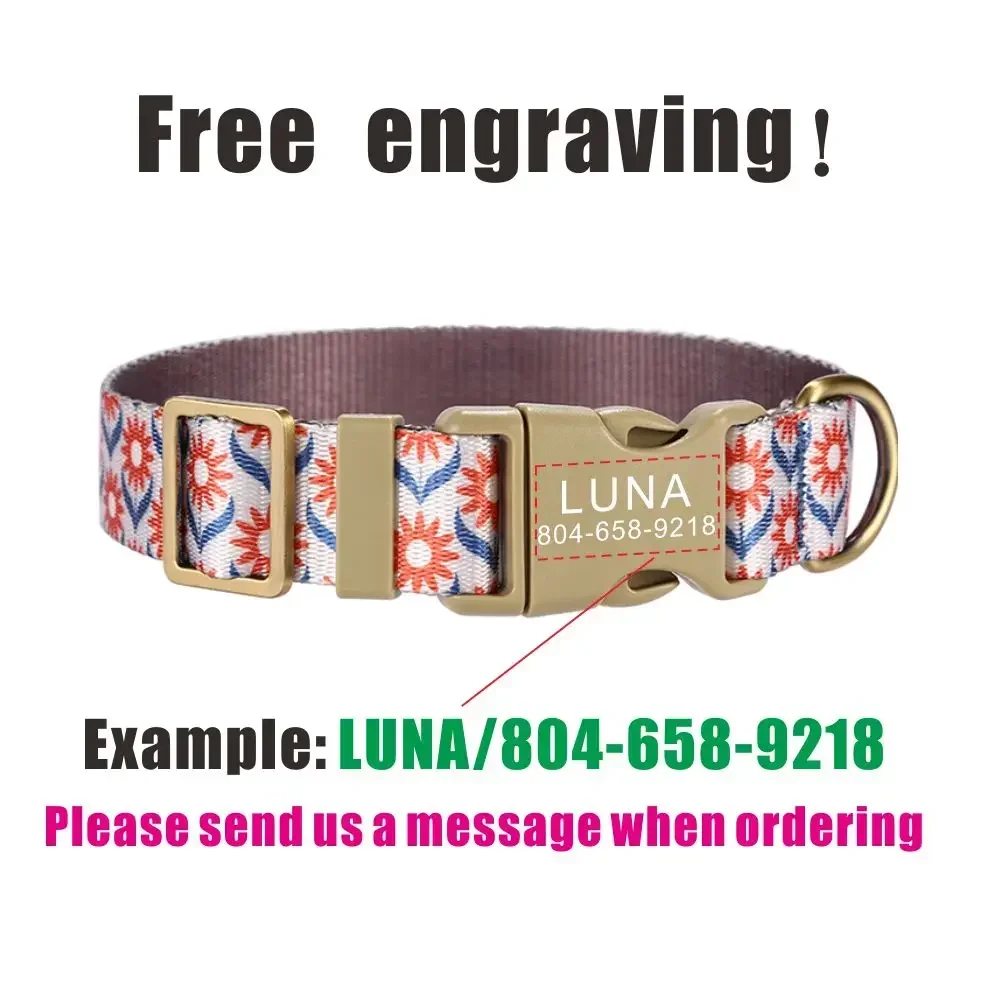 Collar de perro personalizado con grabado gratuito, correa para mascotas a juego, hebilla de contactos personalizados, Collar para mascotas con flor y símbolo solar - imagen 4