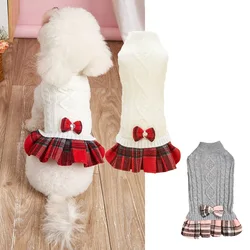 Vestido de piel para mascotas, suéter de punto blanco y gris, falda a cuadros con lazo empalmado, abrigo de lana, ropa de Navidad para perros y cachorros