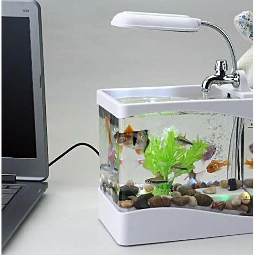 Mini USB Desktop Aquarium LCD Display Fish Tank Clock LED Lamp Light Black/ White