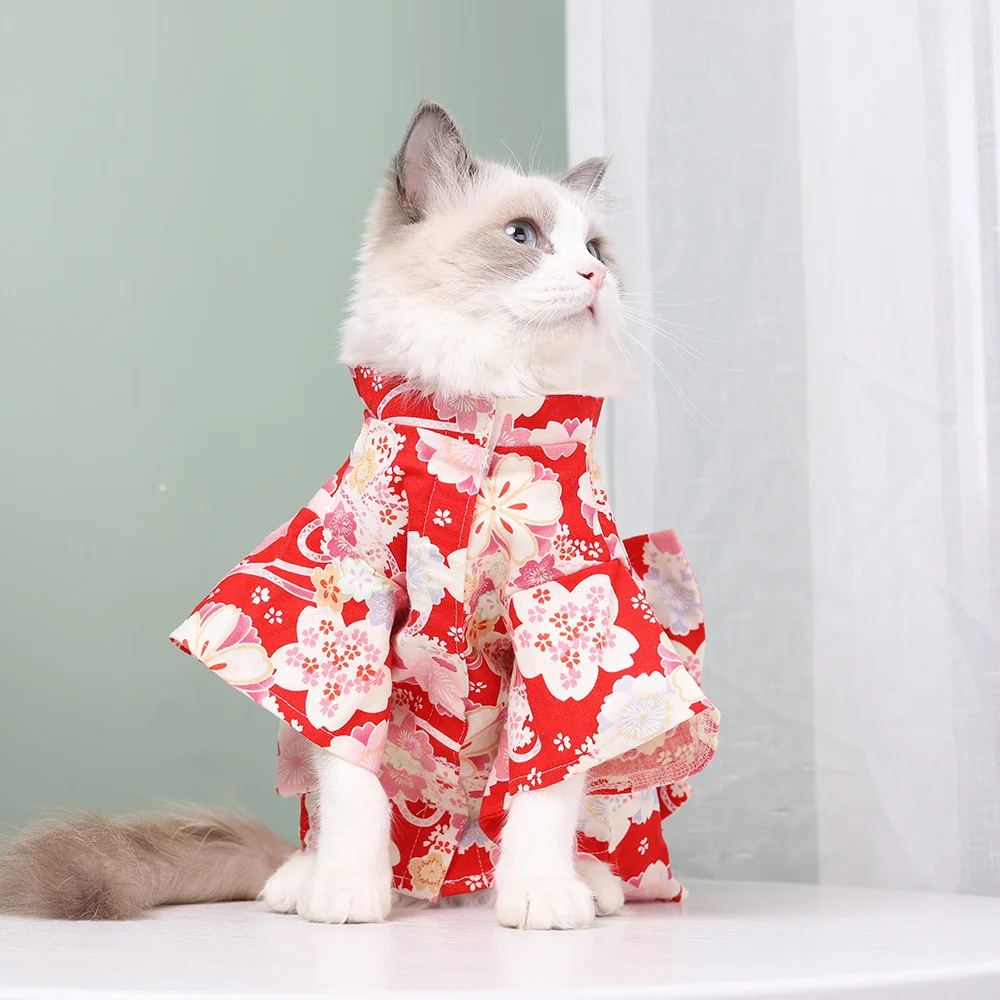 Ropa japonesa Retro Sphynx para gatos, Gotas, estampado de flor de cerezo, Kimono para mascotas, disfraz de Chinchilla persa, ropa para mascotas - imagen 3