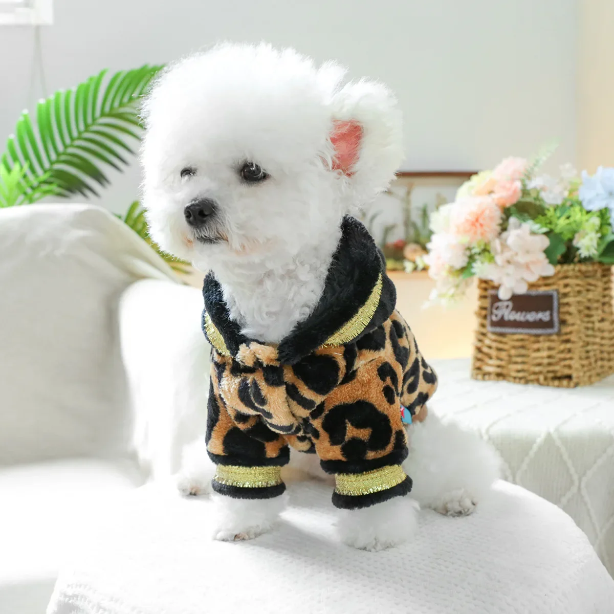 Sudadera con capucha de franela con estampado de leopardo para mascotas, abrigo cálido para exteriores, ropa de diseñador para perros, ropa para gatos, Otoño e Invierno - imagen 4