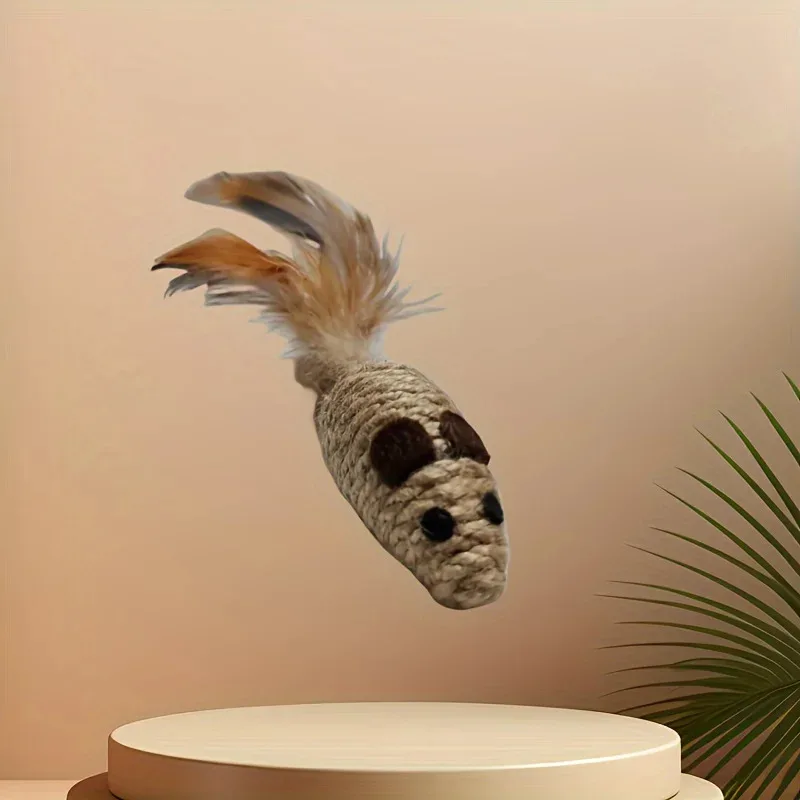 Hemp Rope Mouse Cat Toy Resistant to Scratching and Bite Cat Self-Happiness Toy Simulation Feather Bell Funny Cat Little Mouse - imagen 3