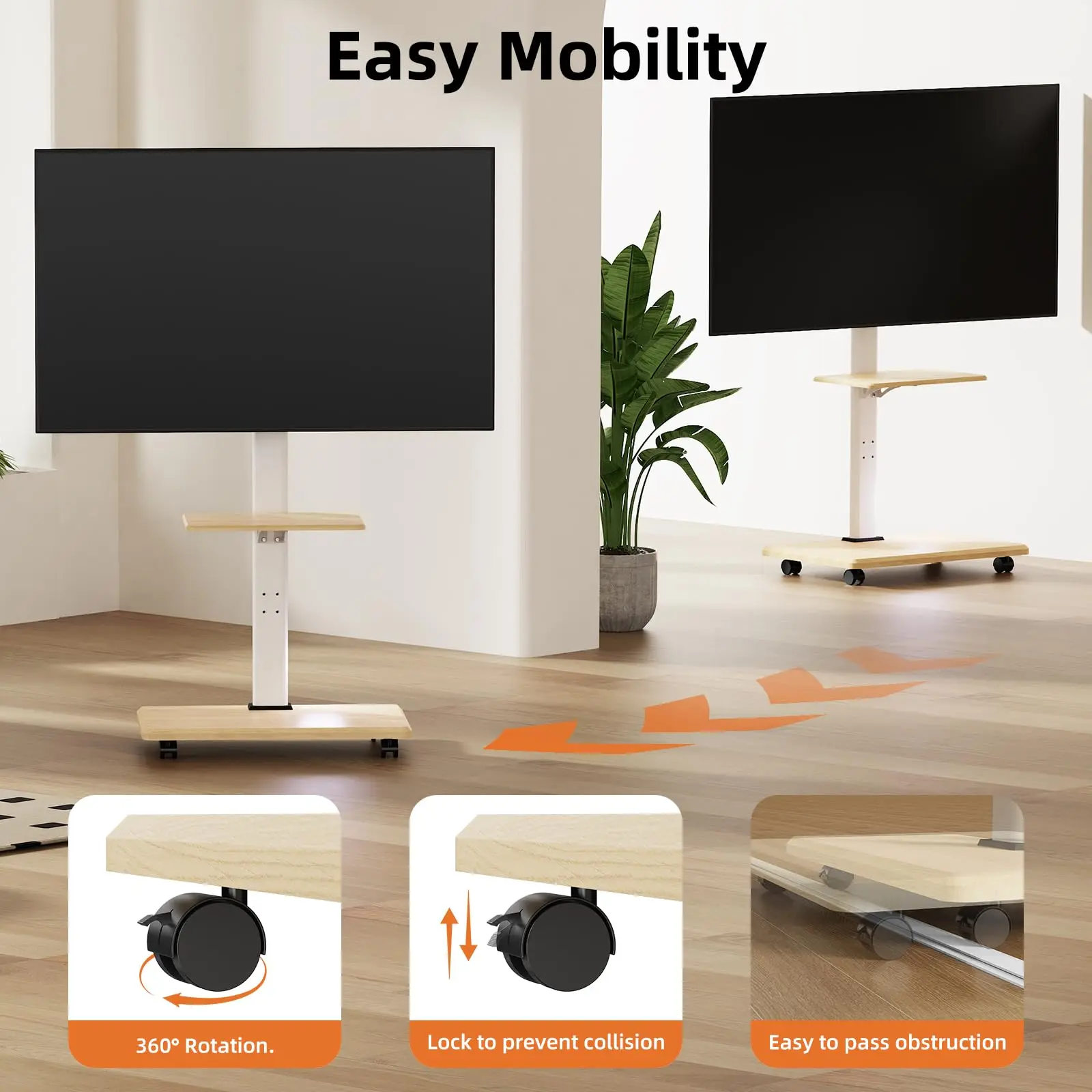 Carro de TV móvil para televisores de 26 a 75 pulgadas de hasta 99 libras, soporte de TV con ruedas, soporte para TV con ajuste giratorio y de altura - imagen 5