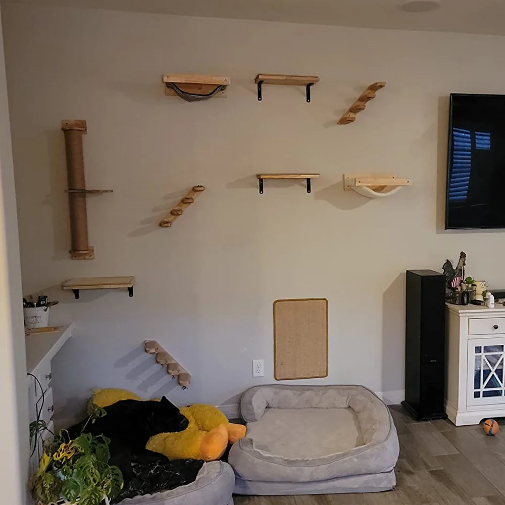 Muebles de pared para gatos, estantes de madera para gatos con postes rascadores, perchas, sistema de escalada para gatos montado en la pared para gatos de interior, juego y descanso - imagen 2