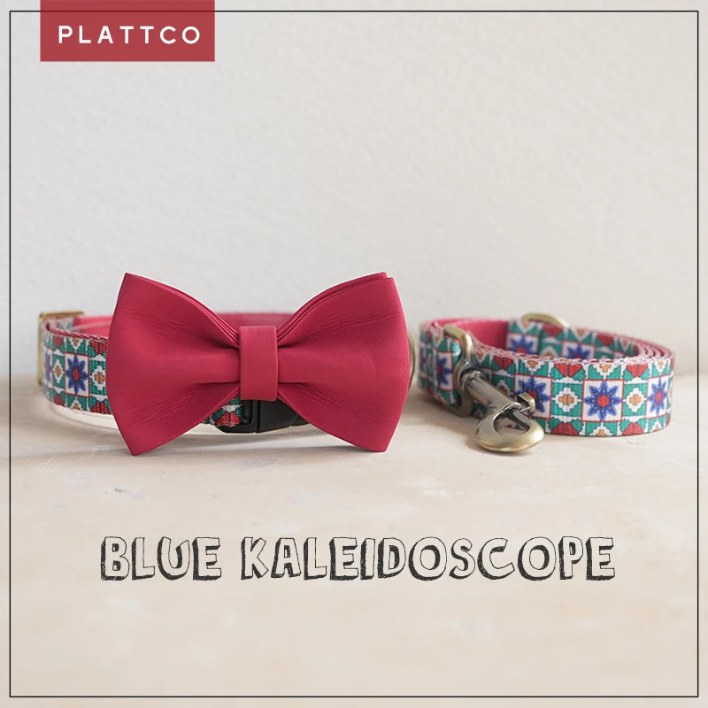 PLATTCO, venta al por menor, conjunto de Collar hecho a mano de alta calidad con pajarita, caleidoscopio azul, Collar para perro, conjunto de correa, 5 tamaños PDC375