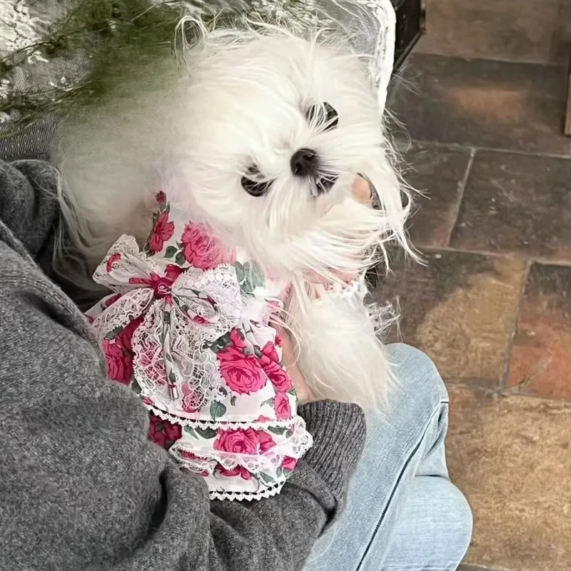 Ropa de flores para mascotas, vestido rosa de verano para mascotas, gatos, perros, Yorkshire, ropa de peluche, conversación romántica, camiseta sin mangas múltiple, ropa para perros pequeños - imagen 3