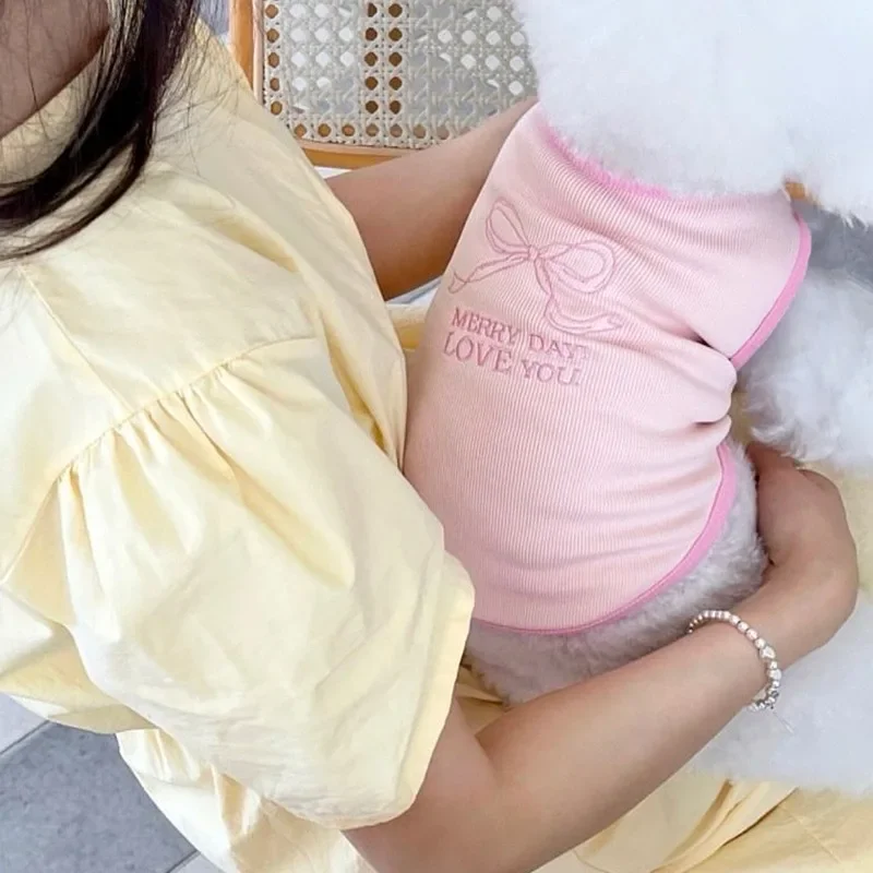 Camiseta sin mangas de algodón Schnauzer para verano, ropa para perros bordada con letras, camiseta fresca de peluche, camiseta inferior de dos patas Bichon Frise - imagen 4