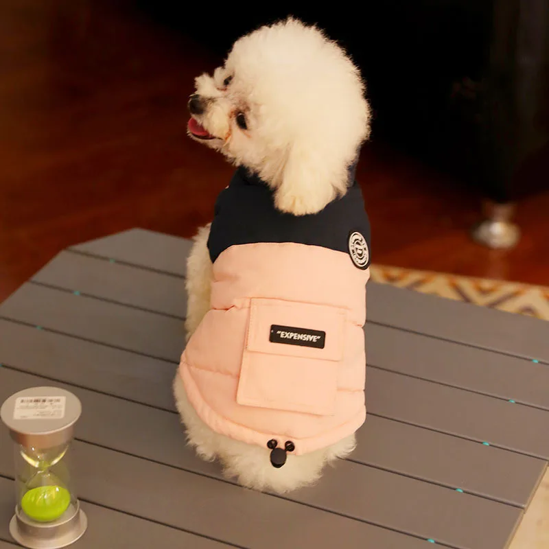 Abrigo de cuello alto para mascotas, Parkas para perros de otoño/invierno, abrigo con bolsillo en contraste, ropa para cachorros de peluche de otoño/invierno, ropa para perros pequeños - imagen 3