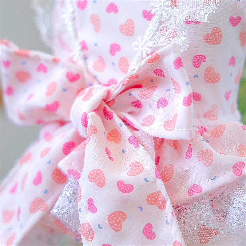 Vestidos de verano con estampado de corazón para perros pequeños, monos de princesa en capas para gatos maltés, ropa para fiesta de cumpleaños con lazo para mascotas - imagen 5
