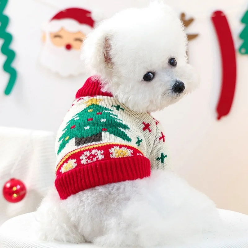 Suéter bonito de lujo para perros, ropa cálida y suave para perros, jerséis de punto para cachorros, suéter de cuello alto con estampado de árbol de Navidad para mascotas - imagen 3