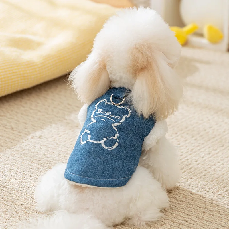 Ropa para perros bordada con oso, peluche de algodón de tracción de vaquero de invierno, ropa cálida de dos piernas, abrigo grueso para perros pequeños y medianos - imagen 2