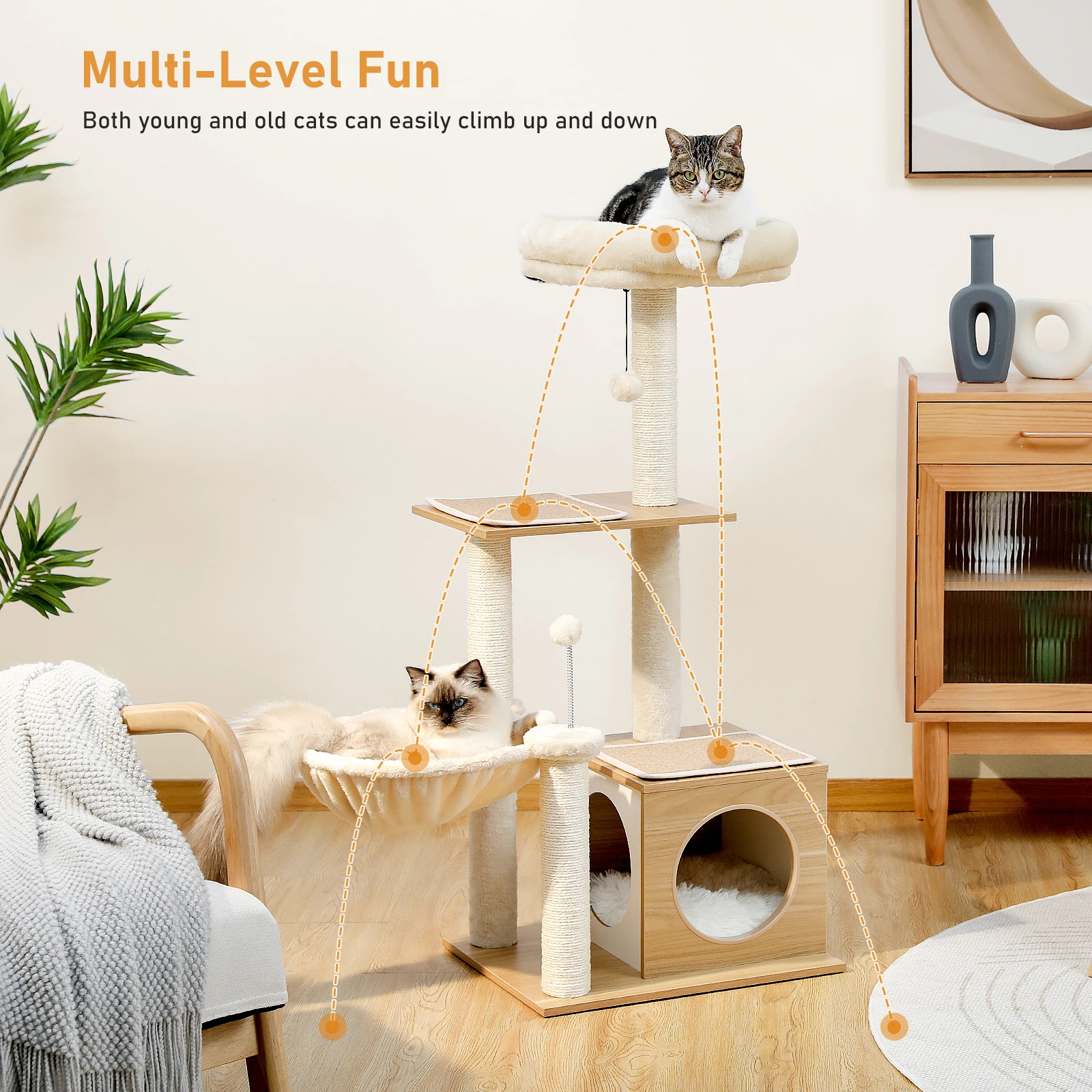 Casa de árbol moderna para gatos, torre de madera multicapa con poste de rascado de Sisal Natural, juguete de salto de escalada, altura de 110cm - imagen 3