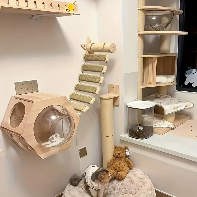 Nido y perca para gatito montado en la pared, cuerda para rascar para garras de gato, muebles rascador para gatos, estantes de escalada para gatos - imagen 3