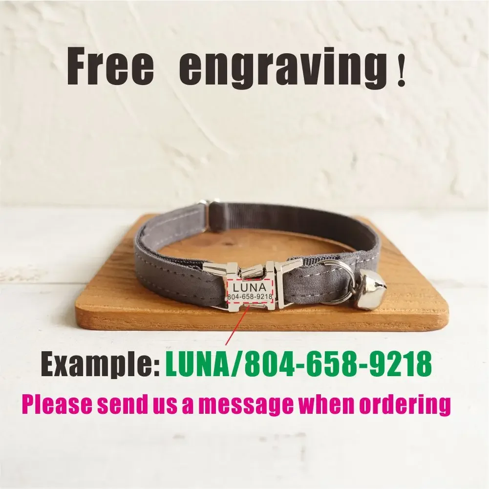 Collar de gato personalizado, contactos de nombre de identificación personalizados, hebilla de metal, collares de gato de terciopelo gris ajustables con campana - imagen 4