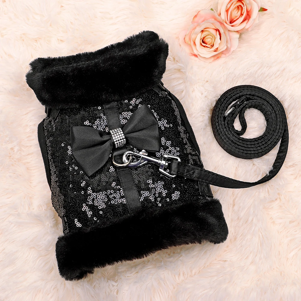 Conjunto de arnés y correa para perros con lentejuelas ostentosas, chaleco de invierno de piel cálida para perros pequeños y medianos, gatos con bonito pajarita rosa - imagen 2