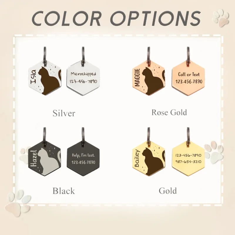 Etiqueta de exposición de gato personalizada, etiqueta de identificación de nombre de gato hexagonal, etiqueta de gato de acero inoxidable, etiqueta antipérdida para mascotas, accesorios para gatitos, Collar para mascotas - imagen 2