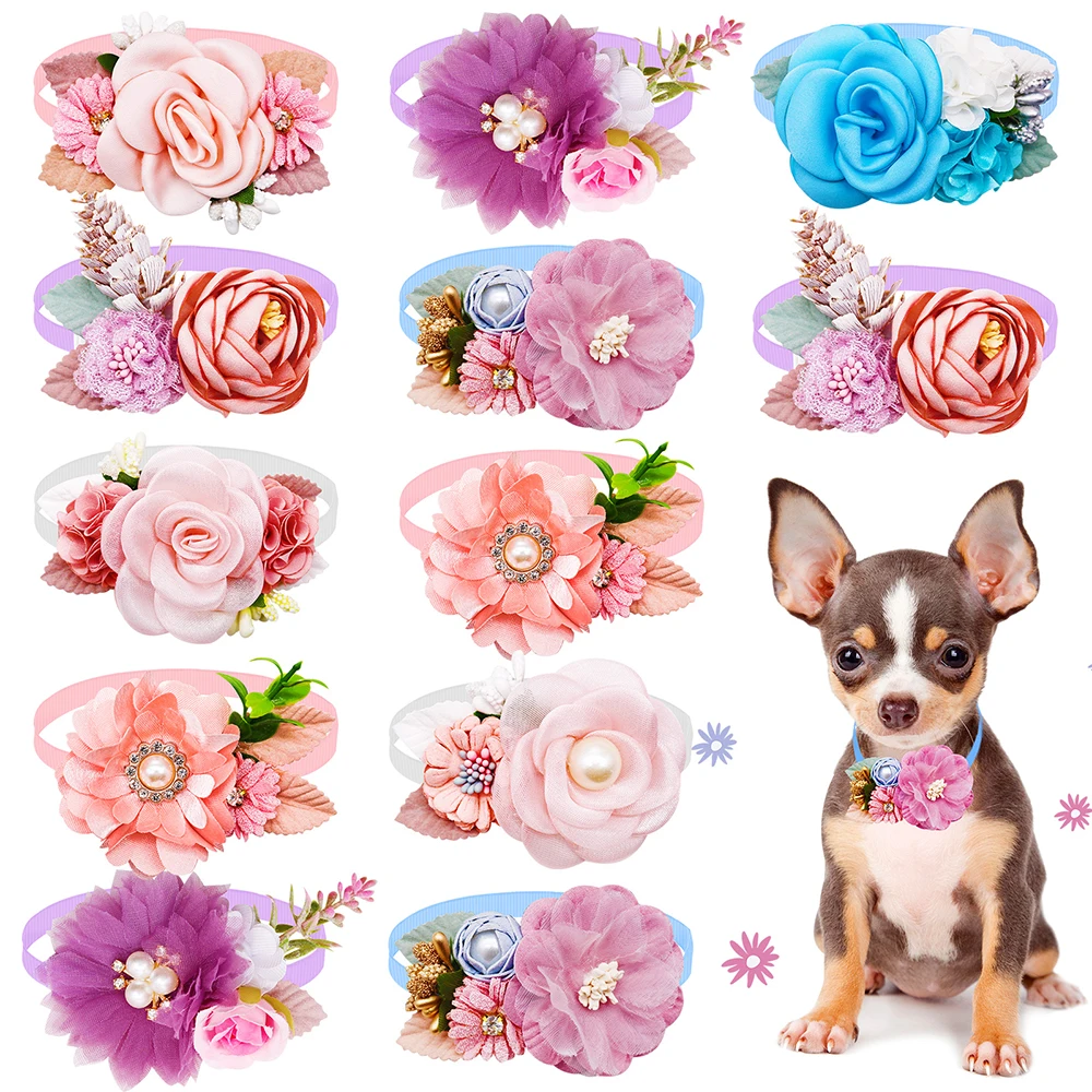 Nueva moda, pajaritas para perros con flores, lazos para perros con perlas y diamantes para mascotas, Collar de pajarita para perros, productos de aseo para perros de primavera para el Día de San Valentín
