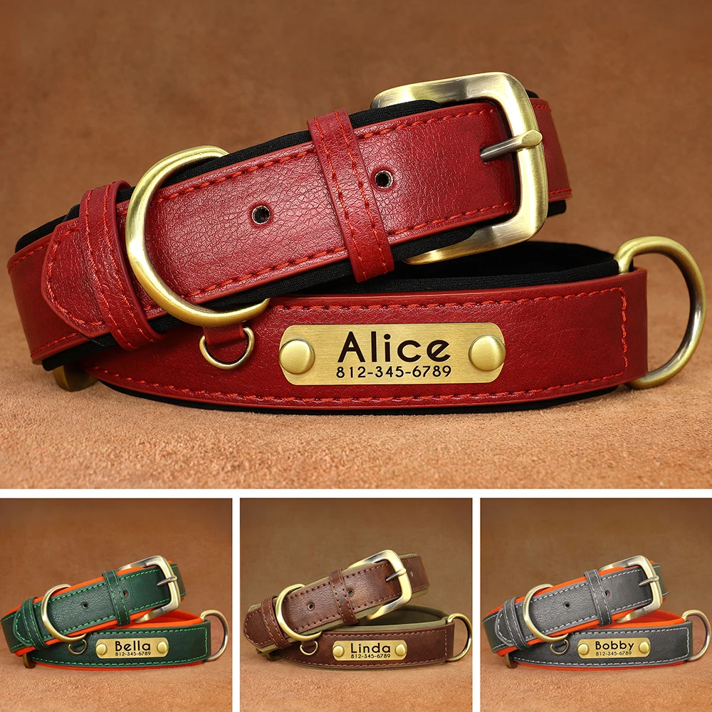 Collar de perro acolchado de cuero PU personalizado, placa de identificación personalizada, Collar para mascotas para perros pequeños y medianos, accesorios de collares duraderos - imagen 4