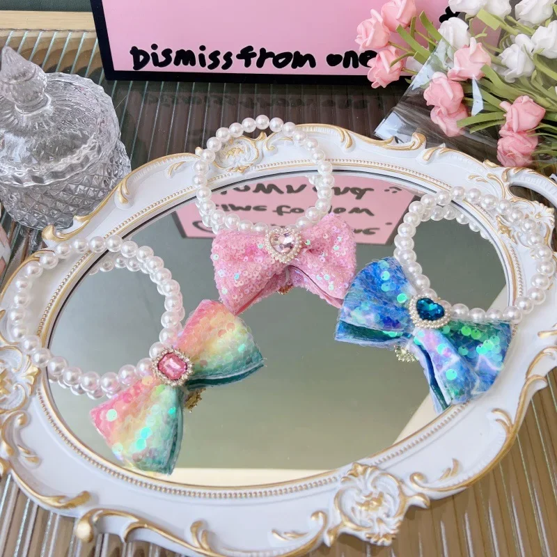 Collar de lazo con purpurina para mascotas, Collar de perlas dulces para gatos, lazo para el cuello para perros pequeños, accesorio para fotos, pajarita para perros, accesorios para mascotas - imagen 2