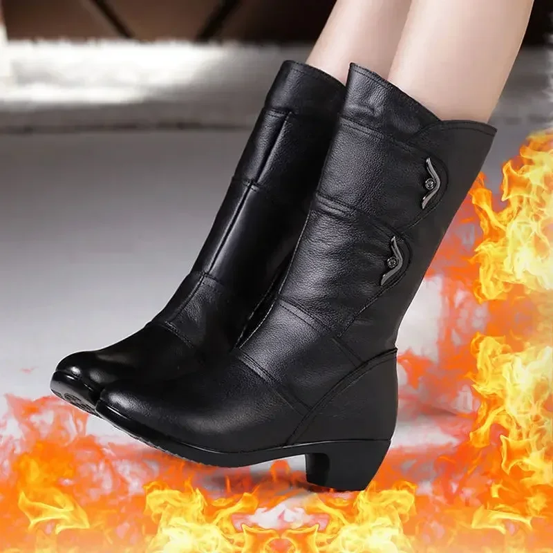 Middle Boots Winter Women's Korean Style Low Heel Solid Color Fleece Warm Plus Size Outdoor Anti-Skid Boots - imagen 3