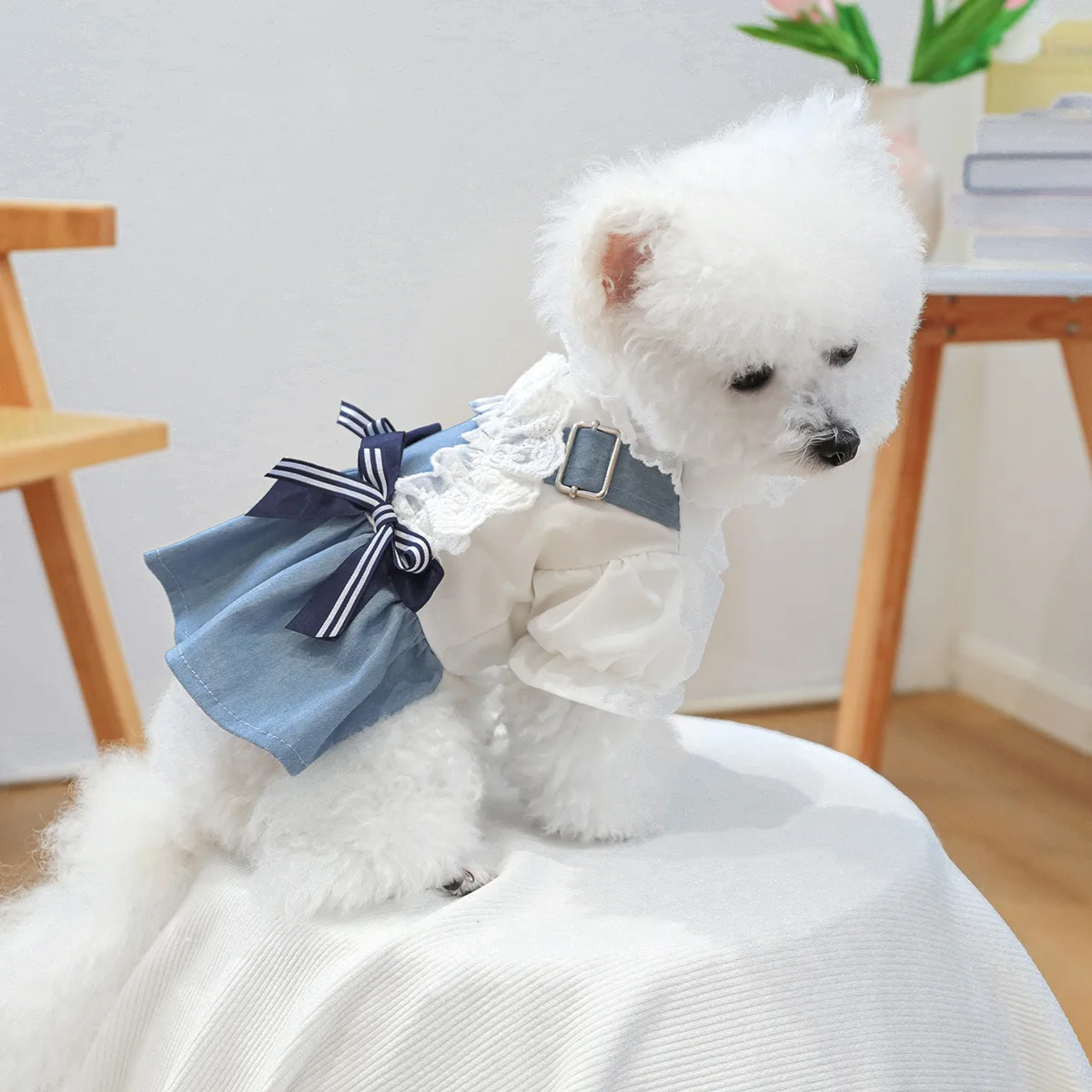 Falda con tirantes de vaquero para mascotas, conjunto de manga de capullo de flor para perros, ropa para gatos, falda de vaquero para primavera y otoño, ropa de Navidad para perros y cachorros - imagen 4