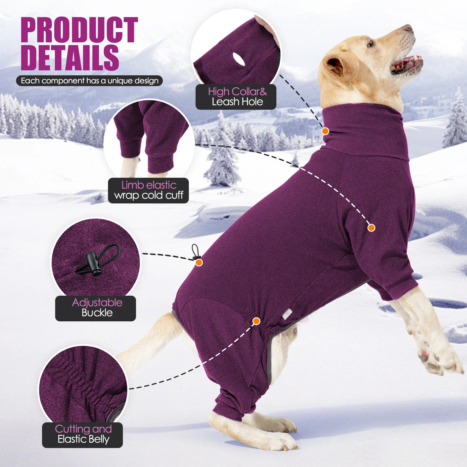 Ropa de lana cálida a prueba de viento para perros, monos de invierno con cuello alto para perros, mono para perros grandes, camiseta interior suave ajustable con 4 patas - imagen 3