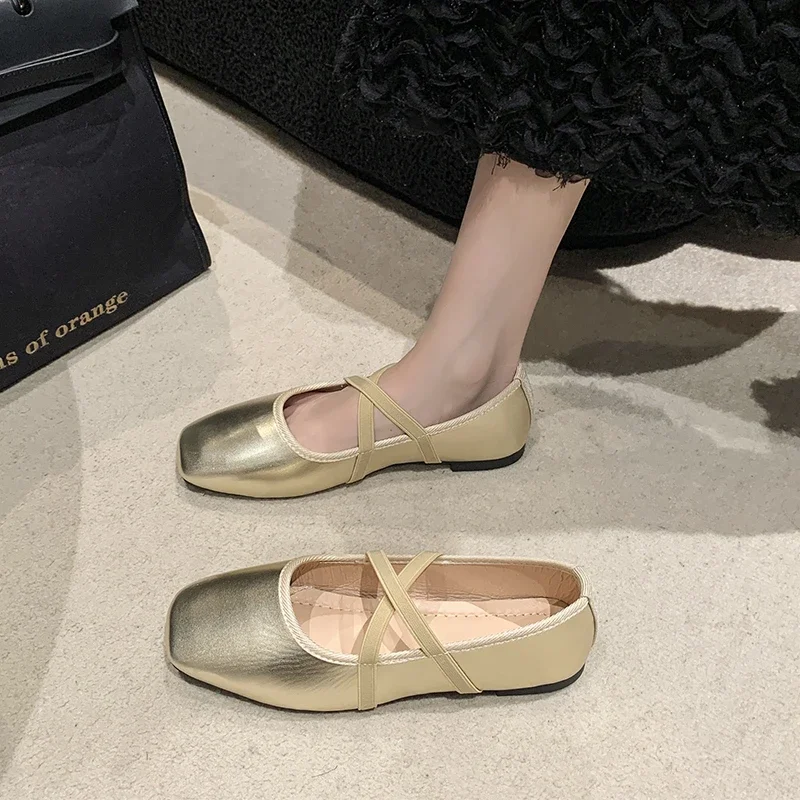 Zapatos planos con pajarita plateada brillante para mujer, mocasines de cuero a cuadros con punta redonda y retales, zapatos planos para mujer - imagen 2