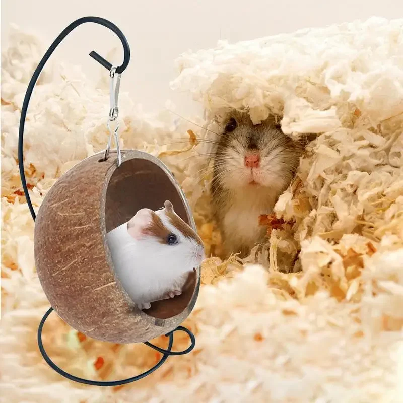 Camas de coco para hámster, hamsters de coco naturales, hamaca escondida, carcasa de suspensión, casa de cama para hámsteres con almohadilla cálida, animales pequeños - imagen 2