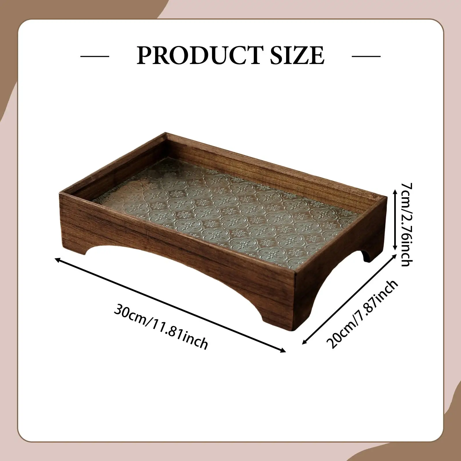 Serving Tray Wood and Embossment Glass Platter Multiuse Desk Organizer Makeup