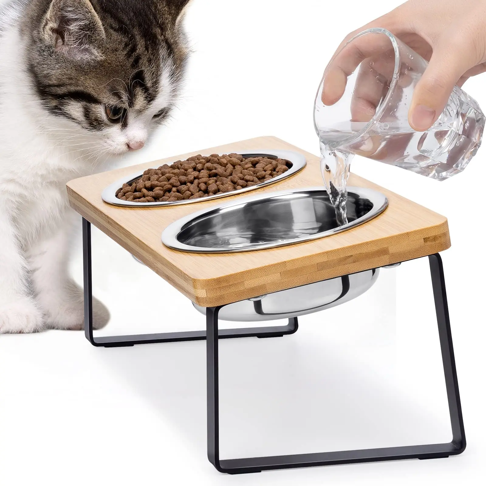 Cuencos elevados para gatos Comedero para mascotas 15 °   Cuencos de comida para gatos elevados inclinados con soporte de madera, 2 cuencos de acero inoxidable para gatos y cachorros