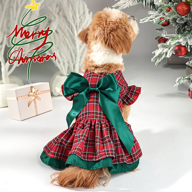 Vestido navideño a cuadros para perros pequeños/medianos con lazo grande, terciopelo cálido, S-XL, traje navideño para mascotas para perros - imagen 2