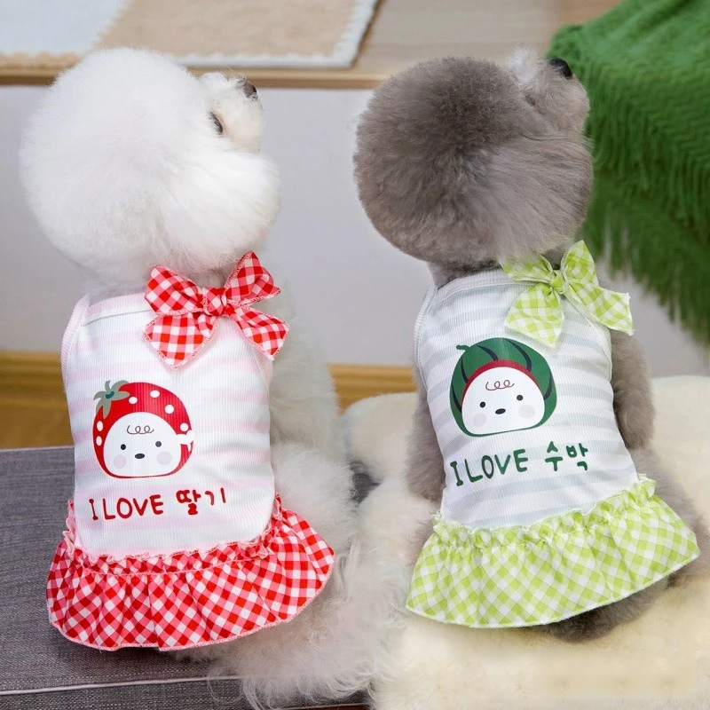 Vestidos rojos de verano para niña de dibujos animados para Chihuahua, pajarita de celosía, Color caramelo, mascota, una pieza, ocio al aire libre, faldas de chaleco de princesa para gato - imagen 2