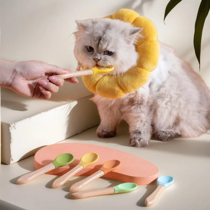 Cuchara de silicona de grado alimenticio para mascotas con mango de madera antideslizante para gatos, alimentador de alimentos enlatados/húmedo, fácil de limpiar, seguro para gatitos pequeños P - imagen 4