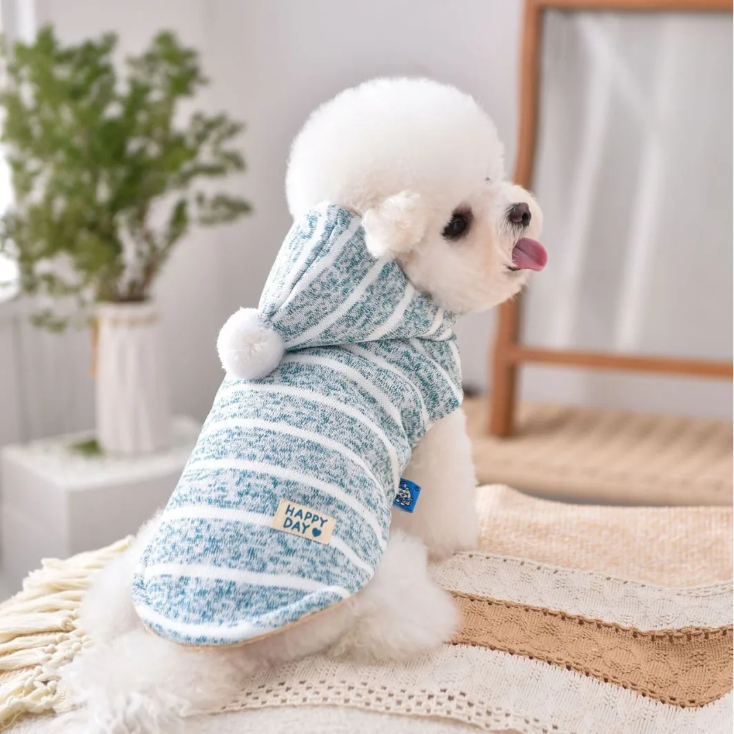 Chaqueta de punto a rayas para otoño e invierno, ropa de casa con capucha, chaqueta cálida para perros pequeños y medianos, ropa para cachorros - imagen 4
