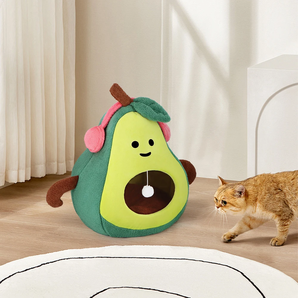 Cama para mascotas con forma de fruta de aguacate/calabaza/pera con bola interactiva colgante, casa para gatos para relajación y siesta de gatos en interiores - imagen 3