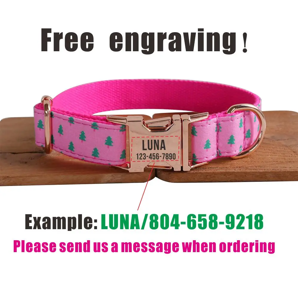 Collar de perro personalizado con grabado gratuito, correa para mascotas a juego, hebilla de Metal de contactos personalizados, Collar rosa de árbol de Navidad - imagen 4