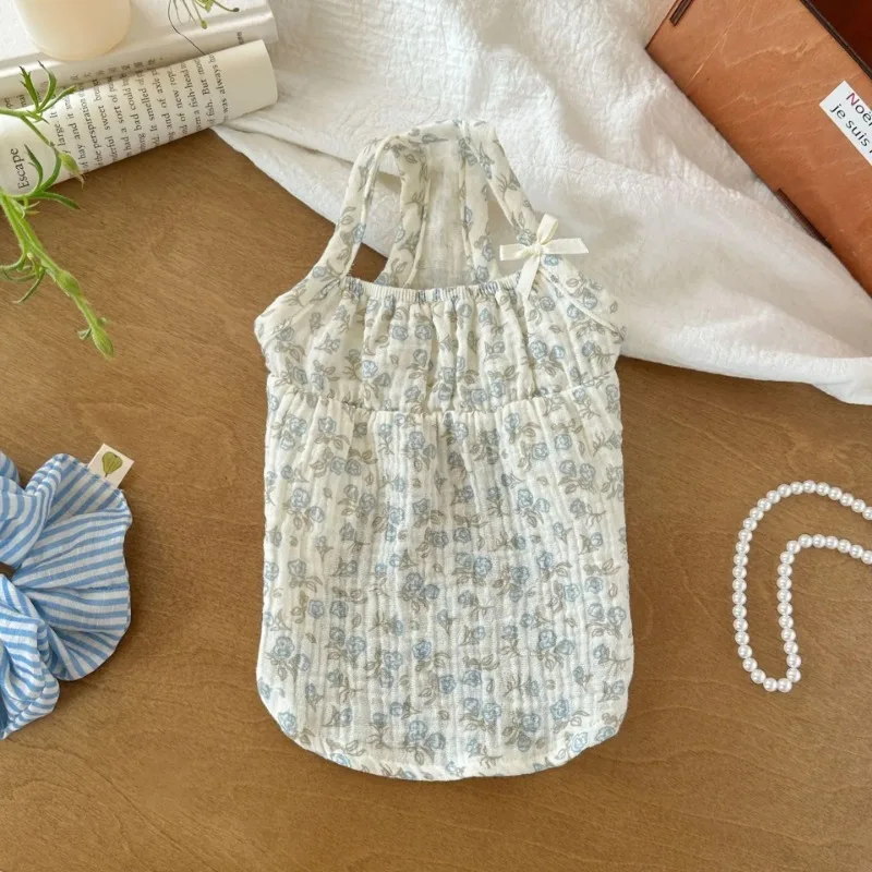 Ropa para mascotas, camisa con lazo, chaleco de flores de verano, camisola, vestido, pijamas para el hogar, camiseta para perros pequeños, falda Base, trajes para cachorros - imagen 3