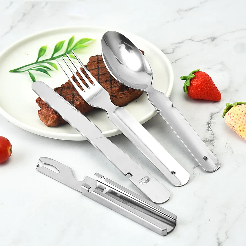 Juego de cubiertos y cucharas de acero inoxidable, tenedor portátil para exteriores, cuchillo, Picnic, 4 Uds., juegos de vajilla para acampar, senderismo y viajar