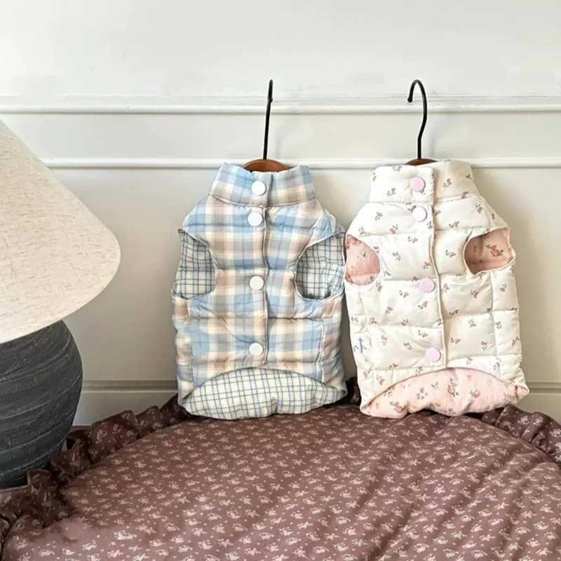 Abrigo a cuadros Floral rosa para mascotas, chaleco cálido grueso, abrigo de peluche para perros pequeños, ropa para perros pequeños, ropa para cachorros, otoño e invierno