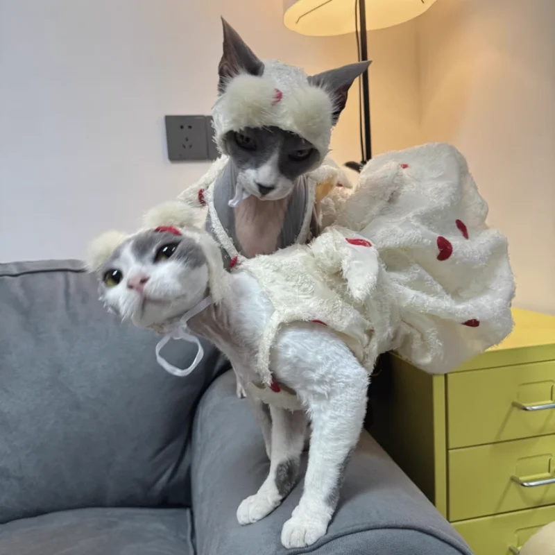 Vestido de princesa blanco rojo de verano para Devon Rex Falda suave de primavera de algodón en el interior agradable para la piel con lindo lazo para gato sin pelo - imagen 2