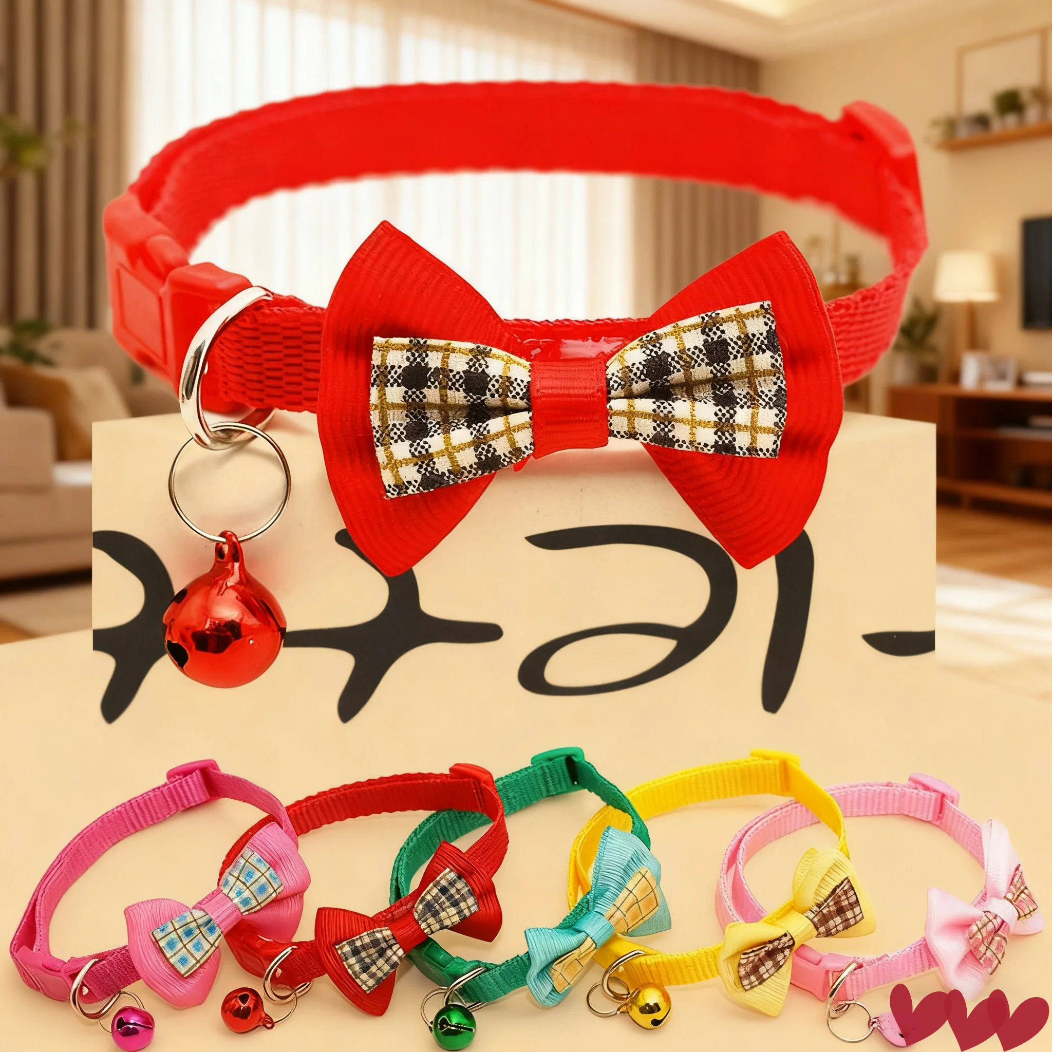 Collar de gato colorido bonito, collar de campana para perro, Collar de campana con lazo a cuadros, Collar de campana ajustable para mascotas - imagen 2