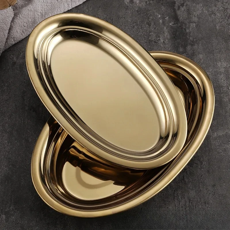 Plato ovalado de acero inoxidable, plato de pescado al vapor en forma de huevo, plato de oro coreano, plato de fideos de arroz para barbacoa - imagen 2